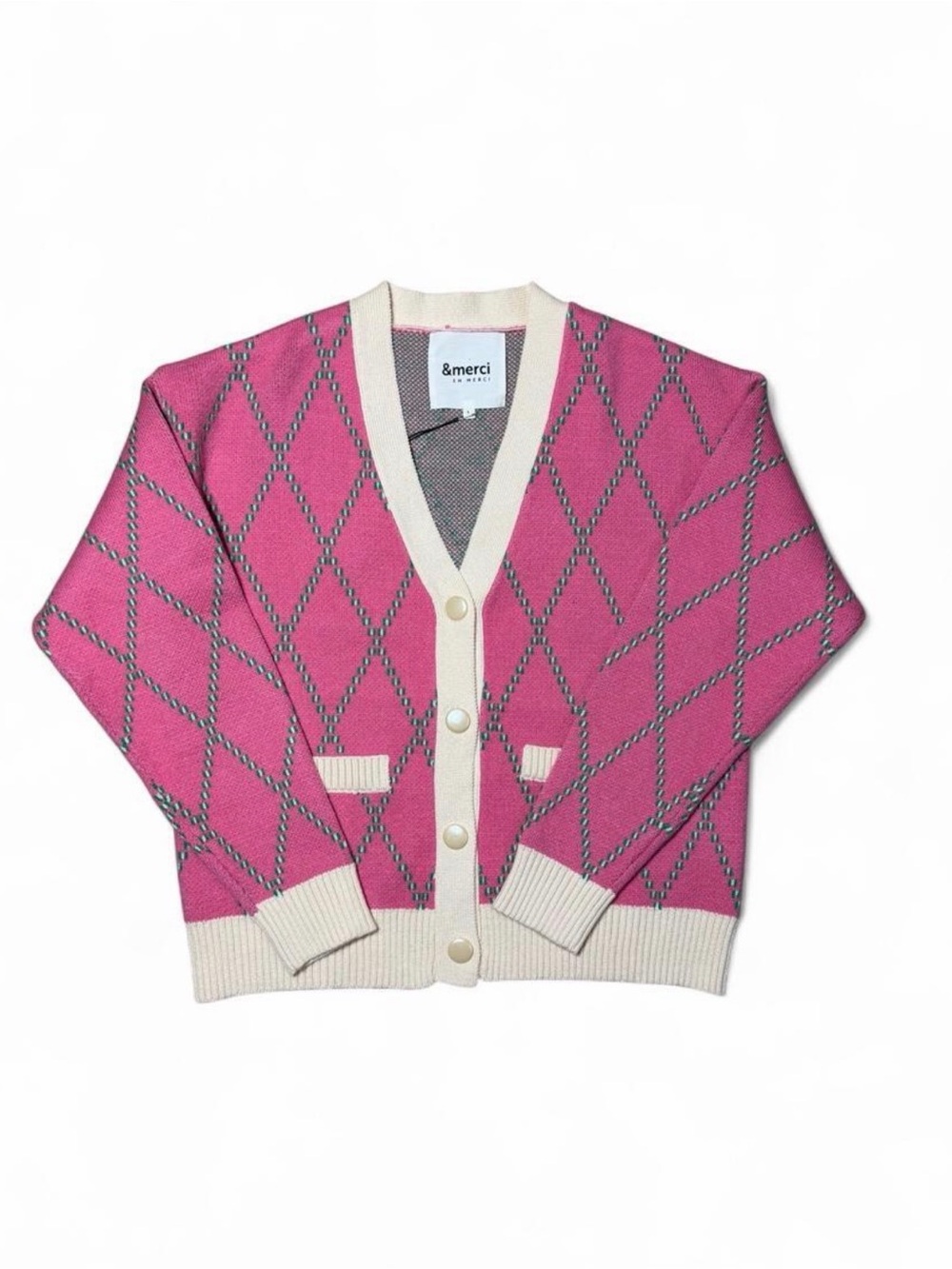 &merci Strawberry Shortcake Pink Argyle Cardigan Sweater Women’s Small Preppy